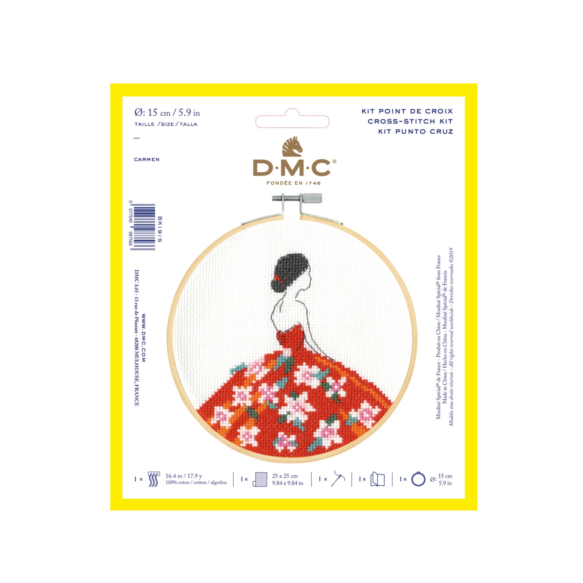 Cross-stitch kit packaging with a woman in a floral dress design on a white background