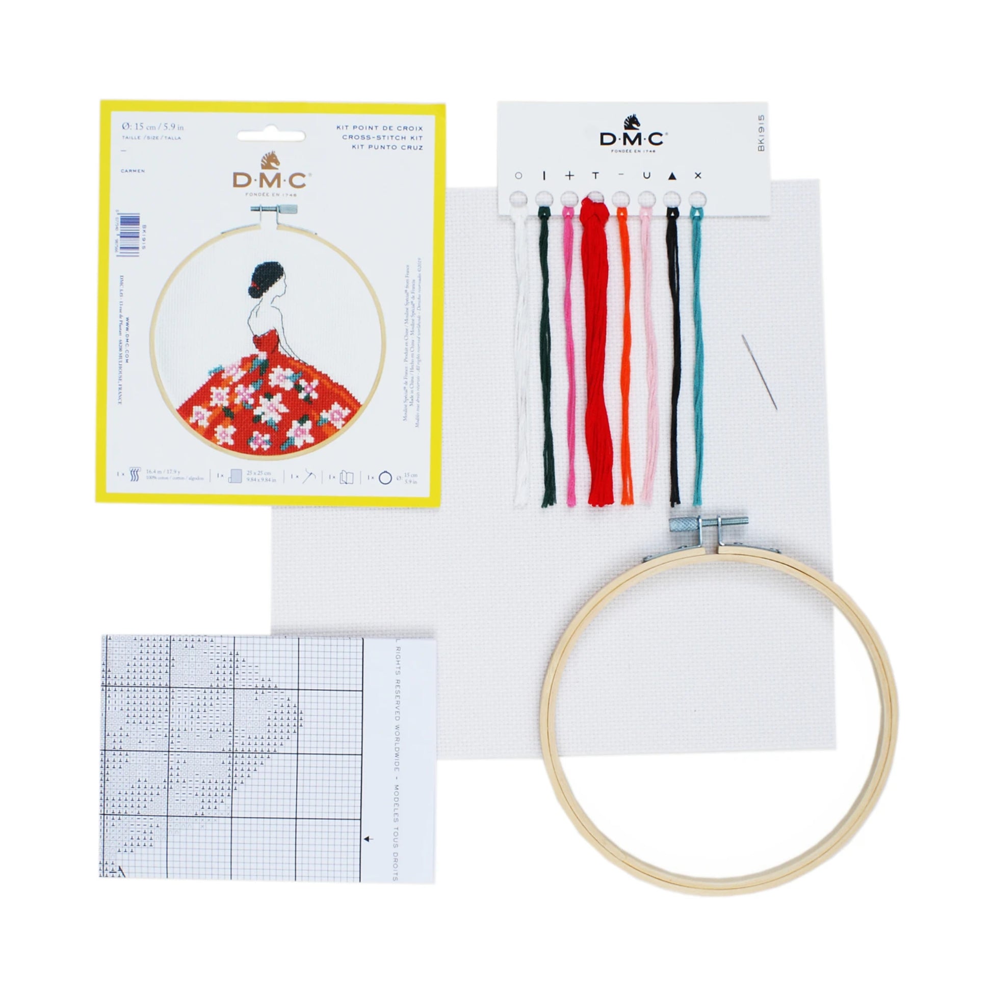Embroidery kit with hoop, thread, and pattern on a white background