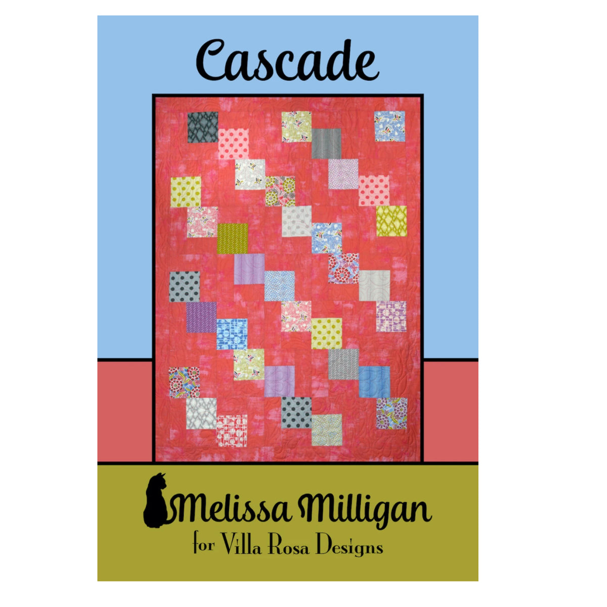 A quilt pattern cover for 'Cascade' by Melissa Milligan for Villa Rosa Designs. The cover features a central image of a red quilt with a patchwork design of colorful square blocks, set against a light blue background with a coral pink stripe and an olive green bottom banner.