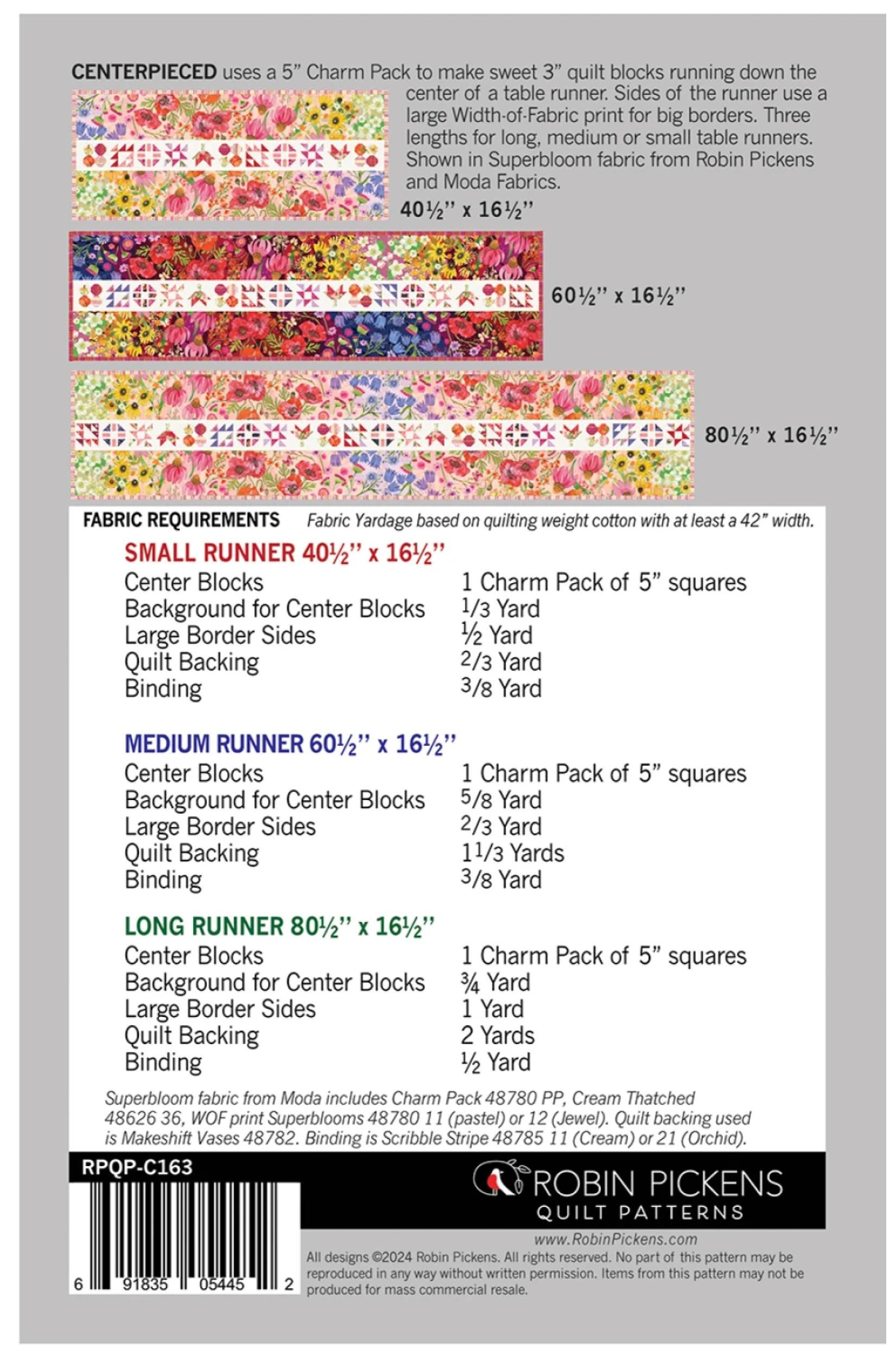 Back cover of a quilting pattern booklet showing fabric requirements, pattern pieces, and a barcode for Robin Pickens Quilt Patterns.