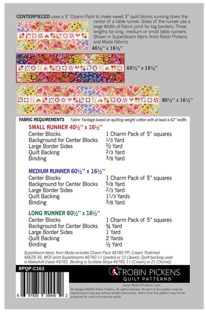 Back cover of a quilting pattern booklet showing fabric requirements, pattern pieces, and a barcode for Robin Pickens Quilt Patterns.
