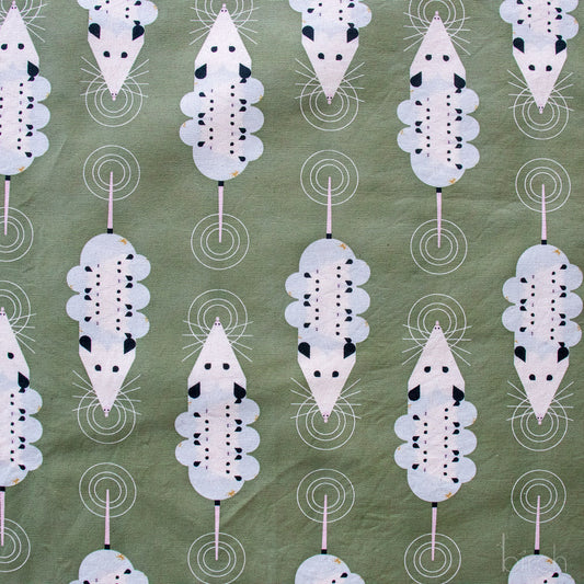 Pattern of white and possums on a green background