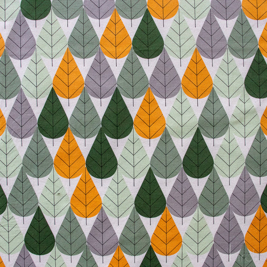 Pattern of stylized trees in green, orange, and gray on a white background