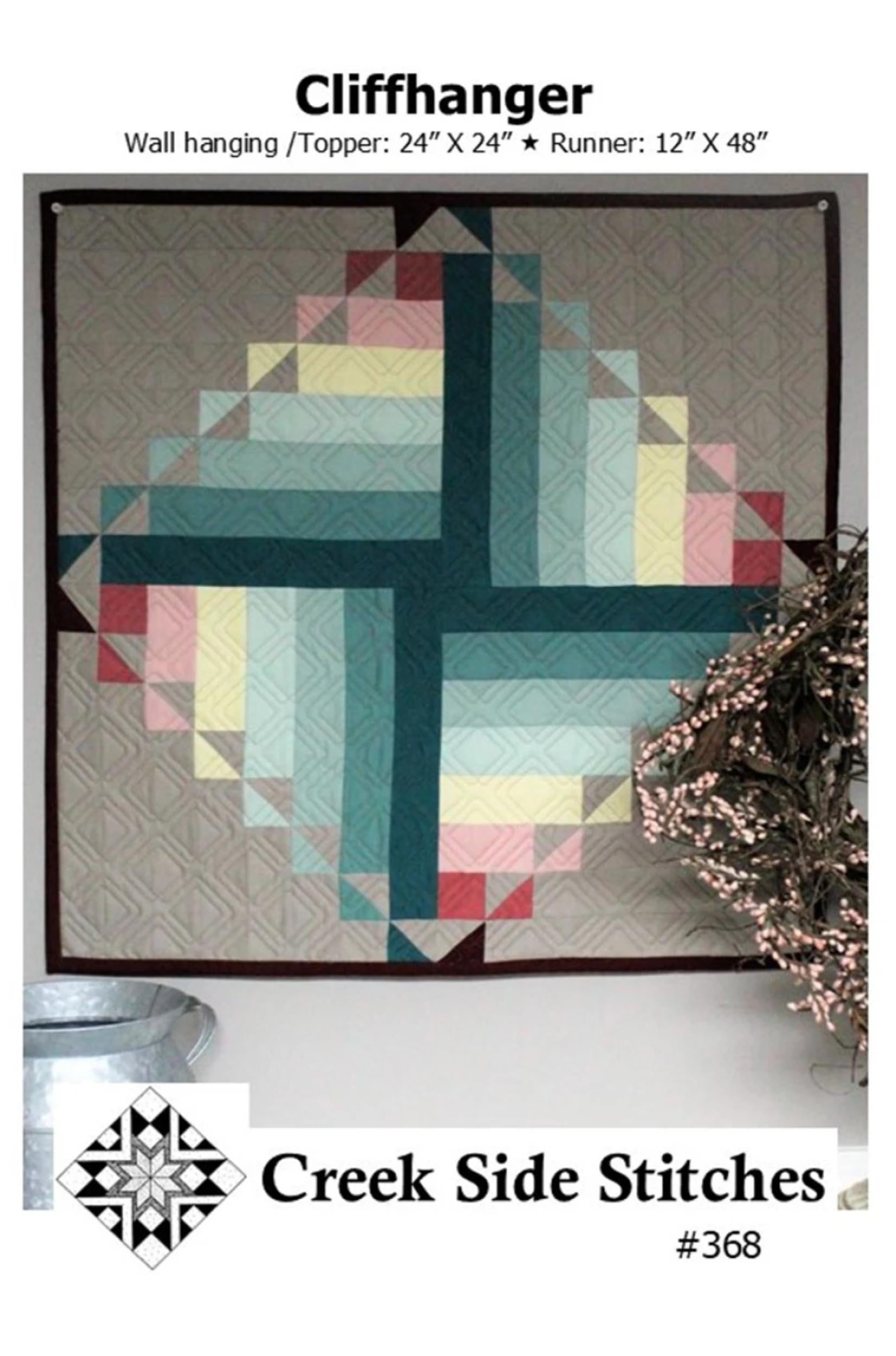 Quilt pattern titled 'Cliffhanger' by Creek Side Stitches with geometric design on a white background.