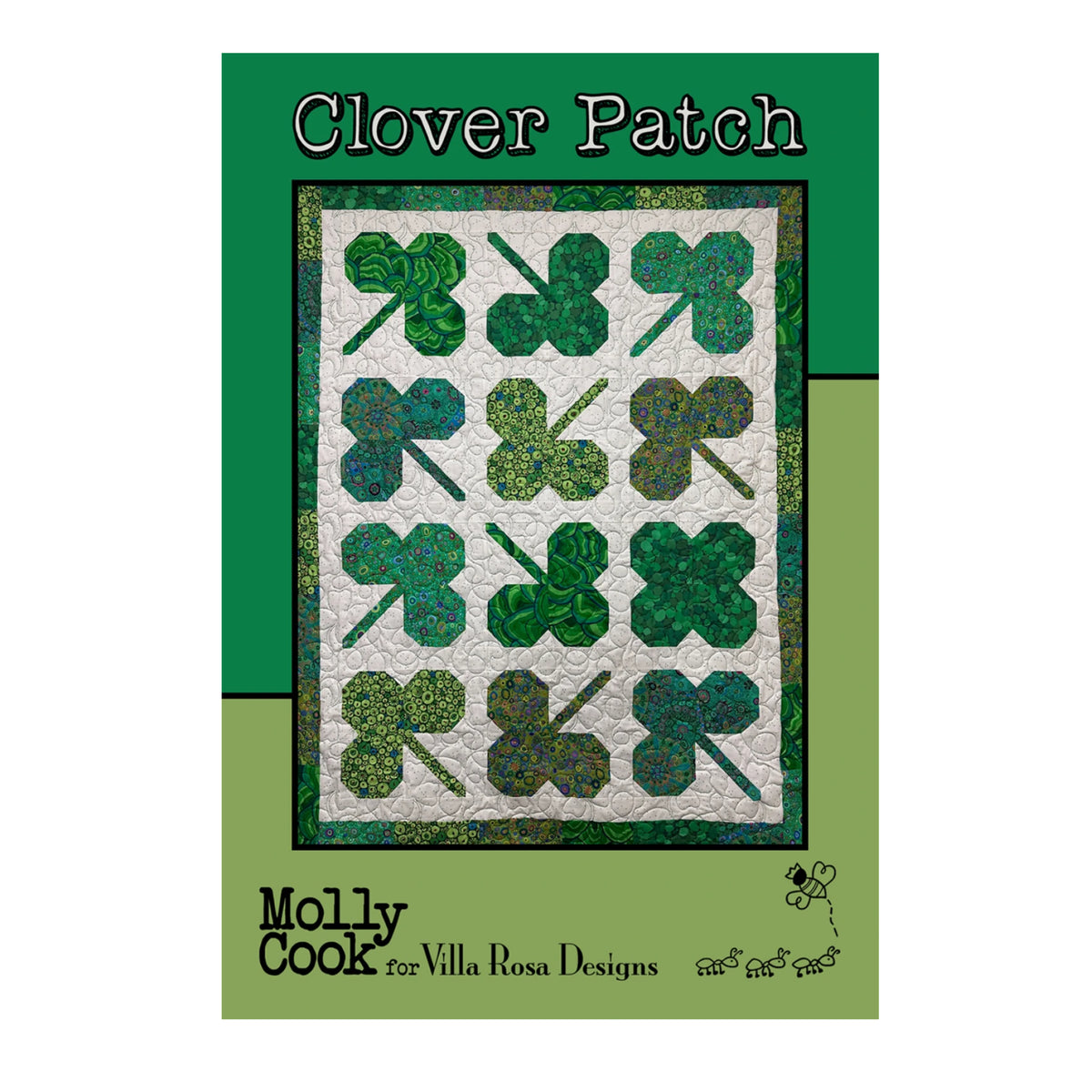 Pattern cover for 'Clover Patch' by Molly Cook for Villa Rosa Designs, featuring a quilt design of green and blue clovers on a white background with a green border.