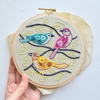 Embroidery hoop with colorful birds and leaves on a white background