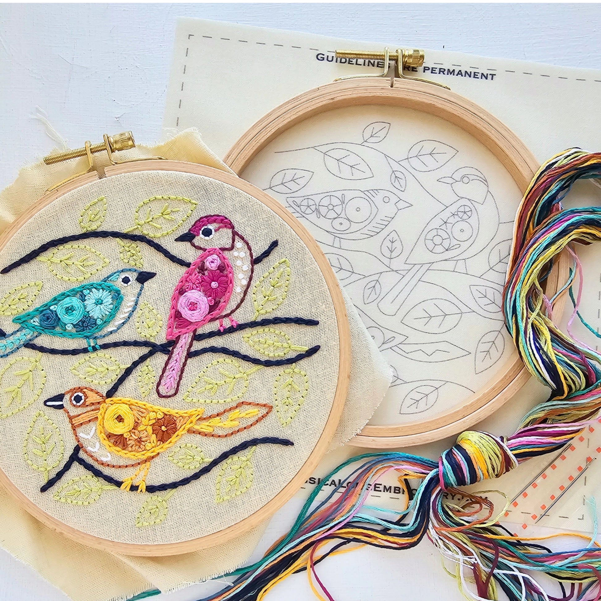 Embroidery hoop with colorful birds design and embroidery thread on a light background