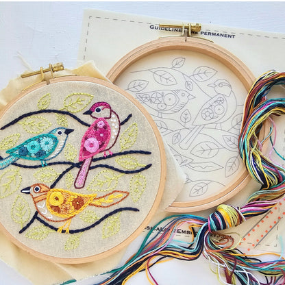 Embroidery hoop with colorful birds design and embroidery thread on a light background