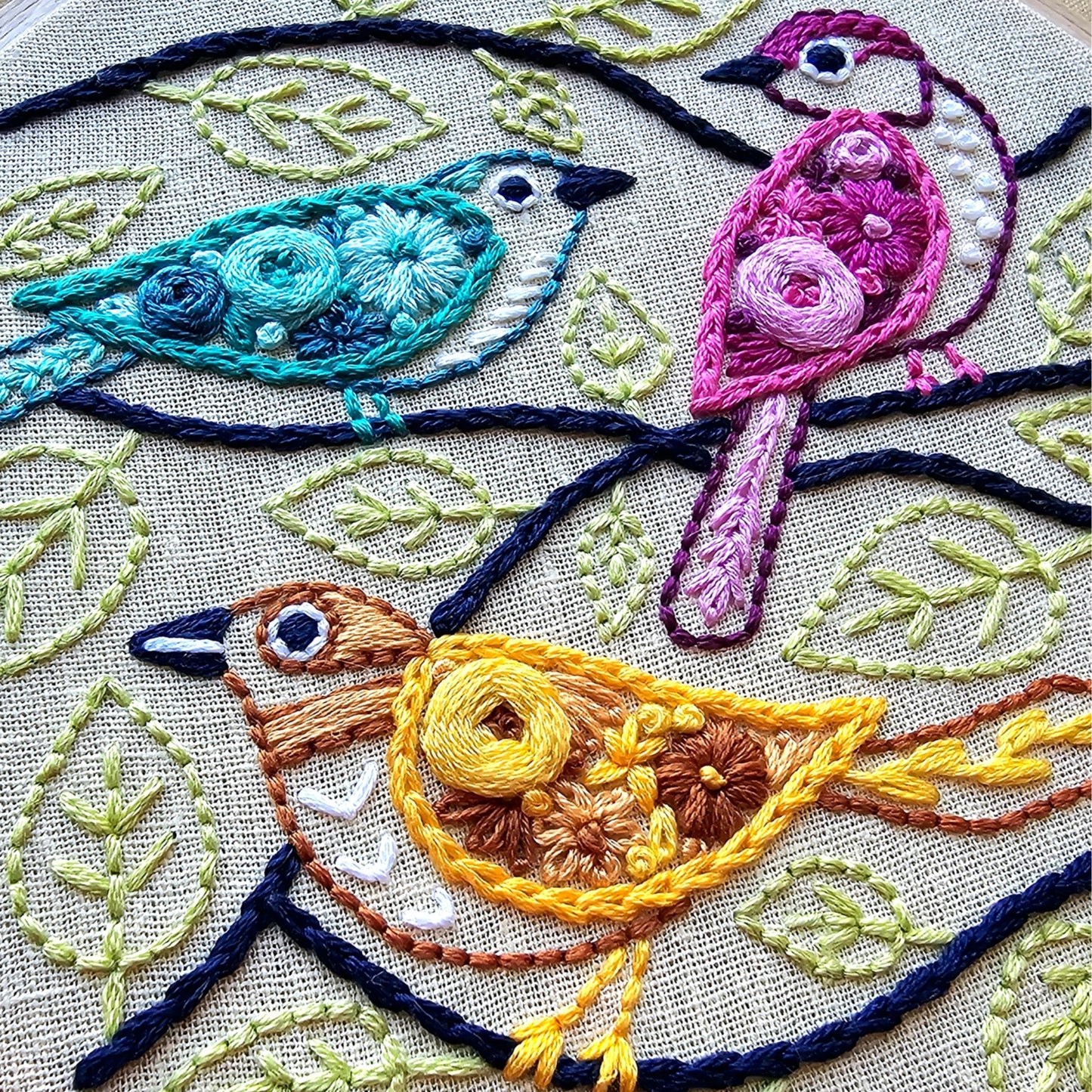 Embroidered design of three colorful birds on a textured fabric background