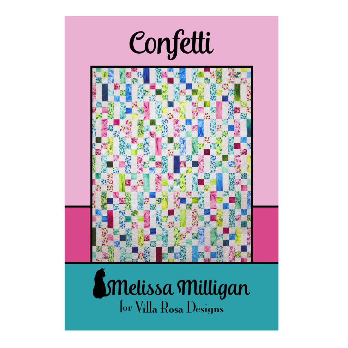 Postcard Quilt Pattern featuring a colorful scrappy quilt called Confetti