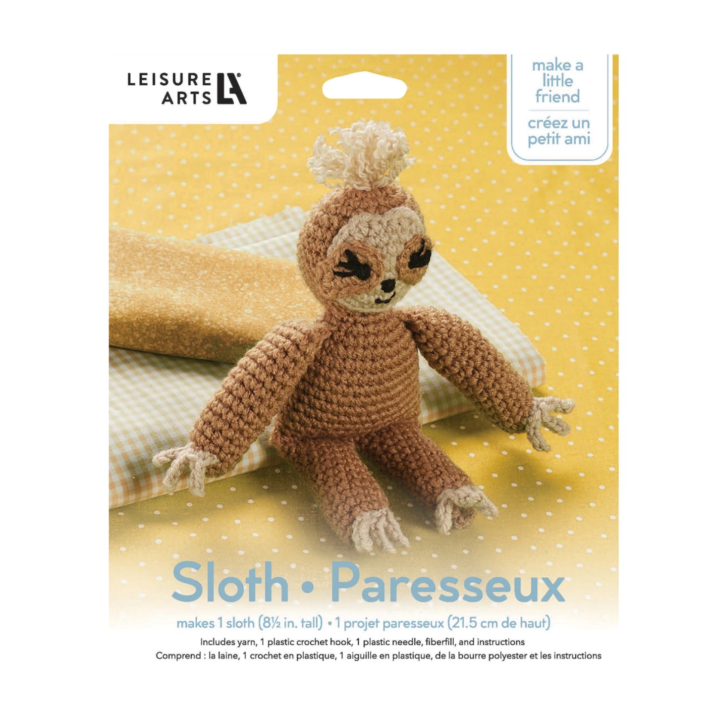 Crochet sloth kit with Leisure Arts branding on a yellow background