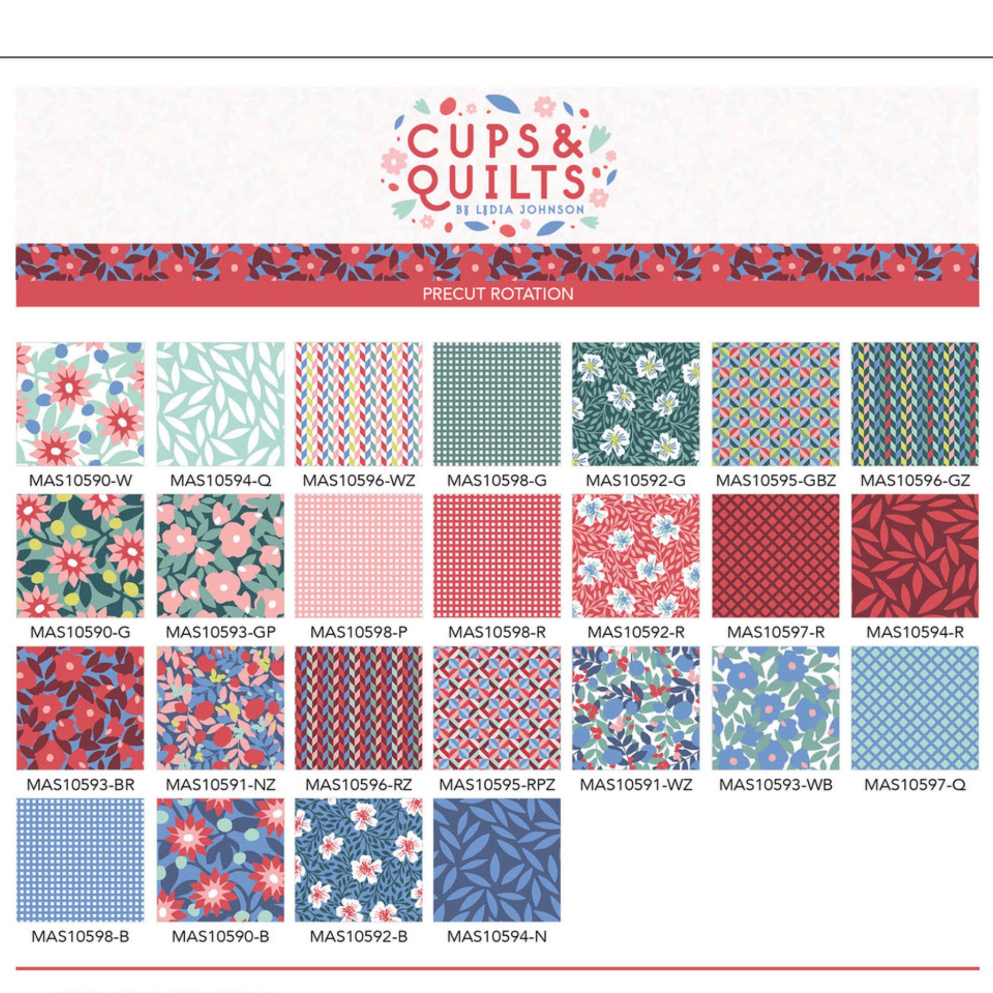 Cups & Quilts fabric collection with various patterns and a brand logo.