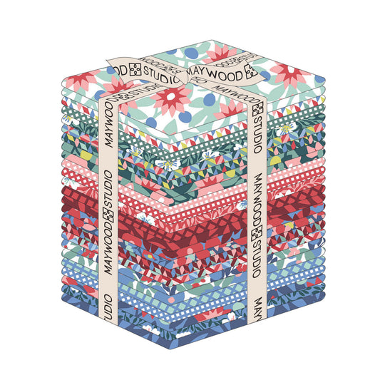 Stack of colorful fabric bundles with Maywood Studio branding on a white background