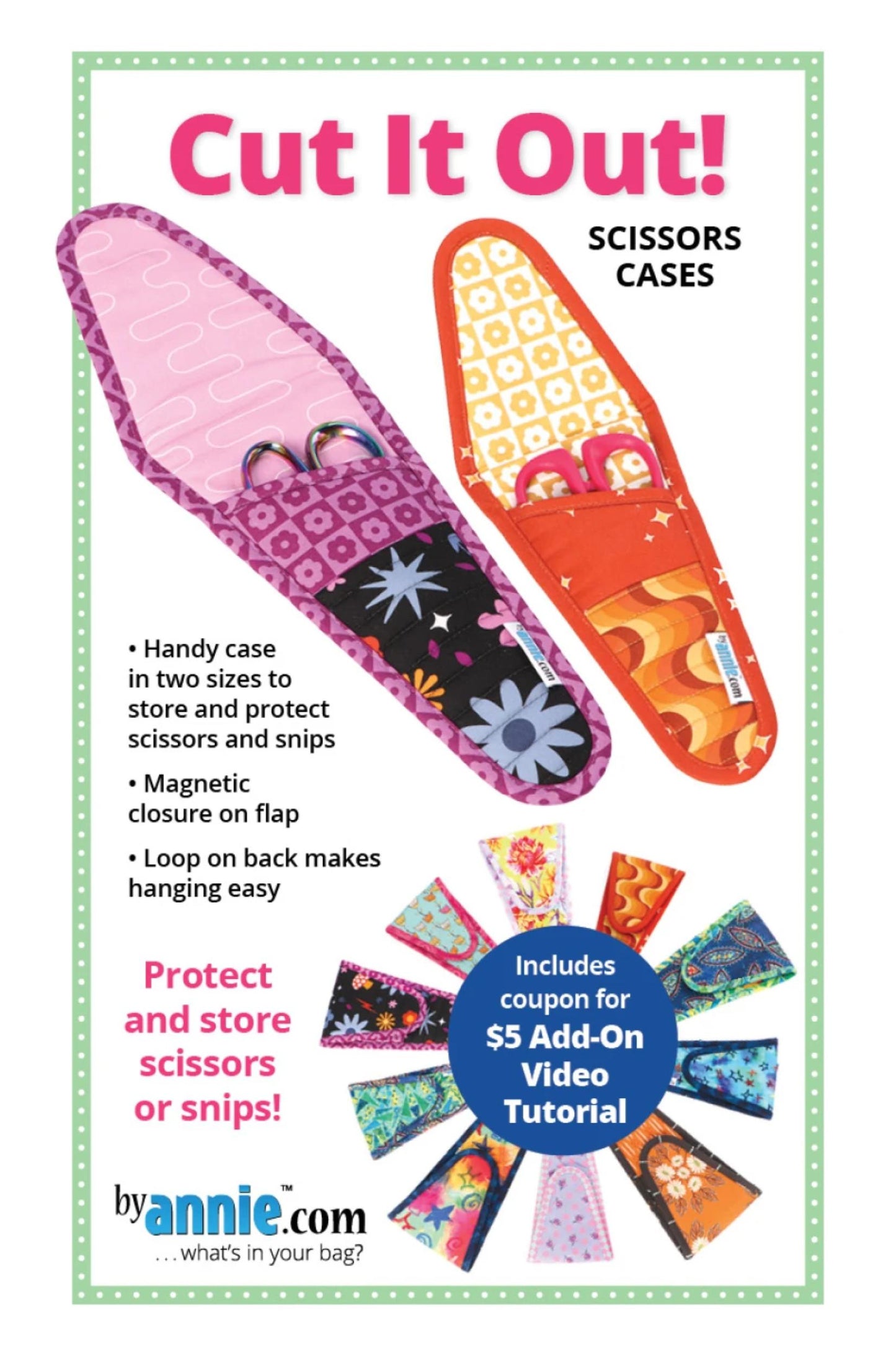 Scissors cases with colorful designs on a promotional poster for 'Cut It Out! Scissors Cases' by annie.com.