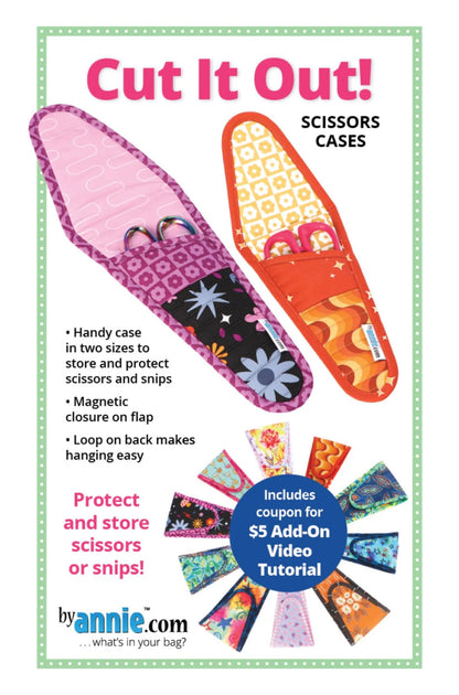 Scissors cases with colorful designs on a promotional poster for 'Cut It Out! Scissors Cases' by annie.com.