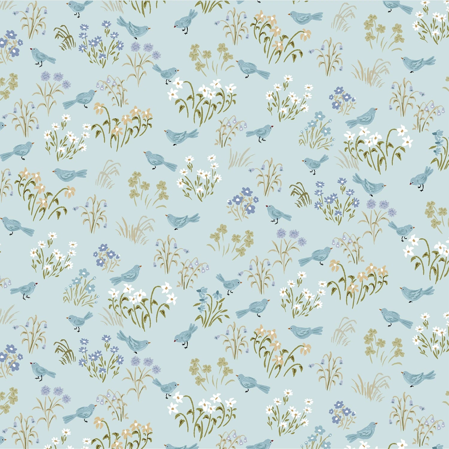 Pattern of birds and flowers on a light blue background
