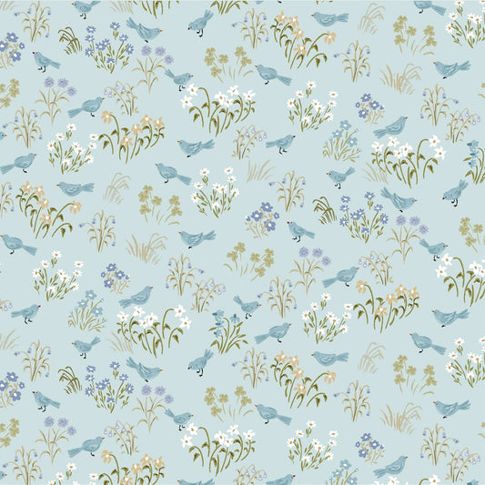Pattern of birds and flowers on a light blue background