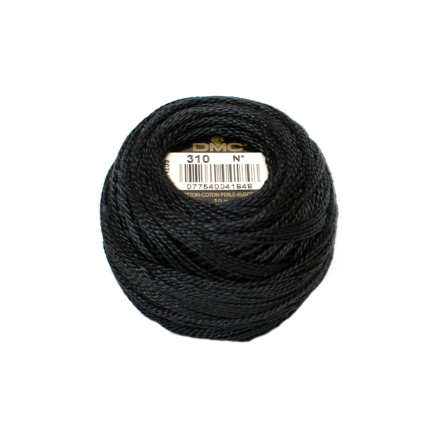 Ball of black embroidery floss with DMC label on a white background