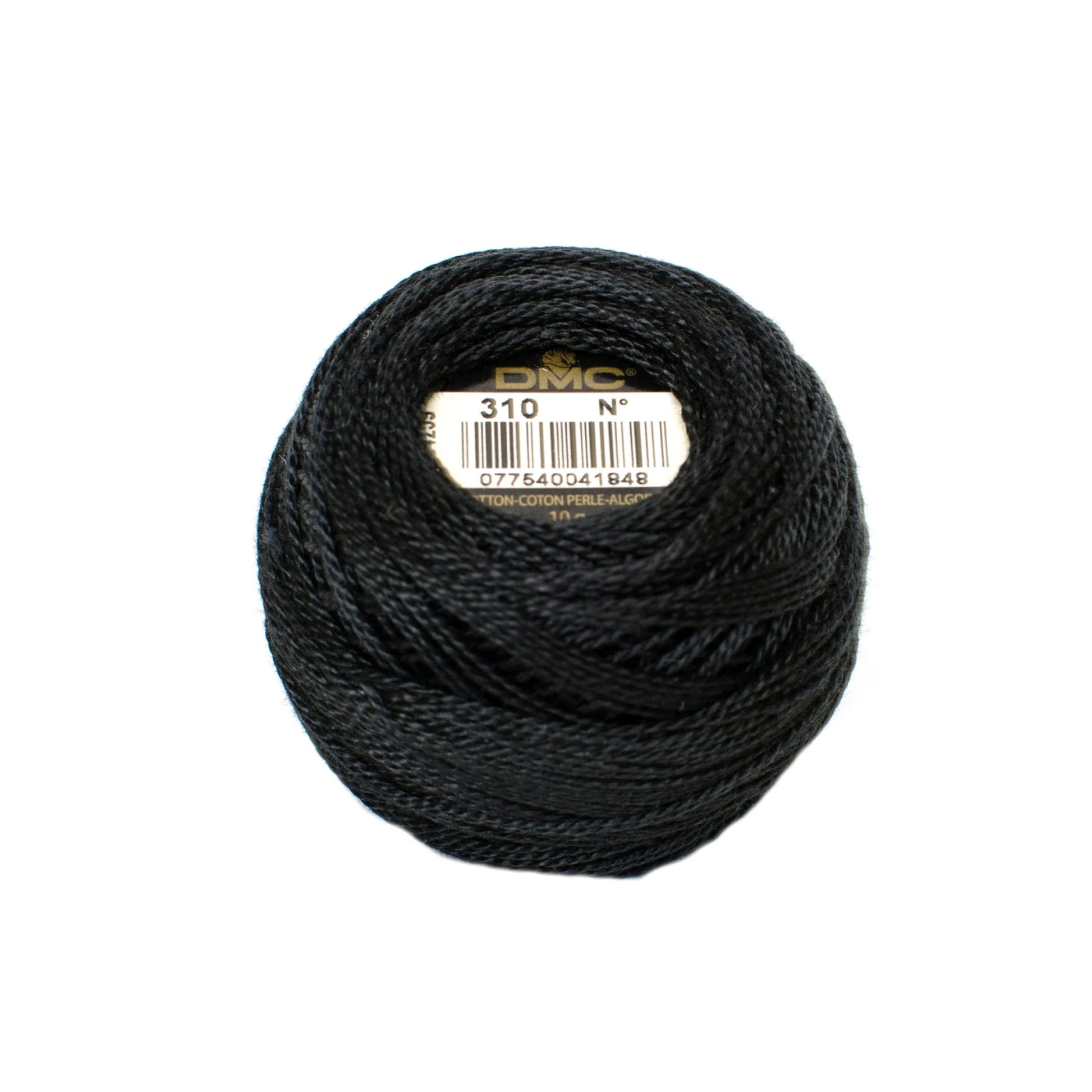 Ball of black embroidery floss with DMC label on a white background