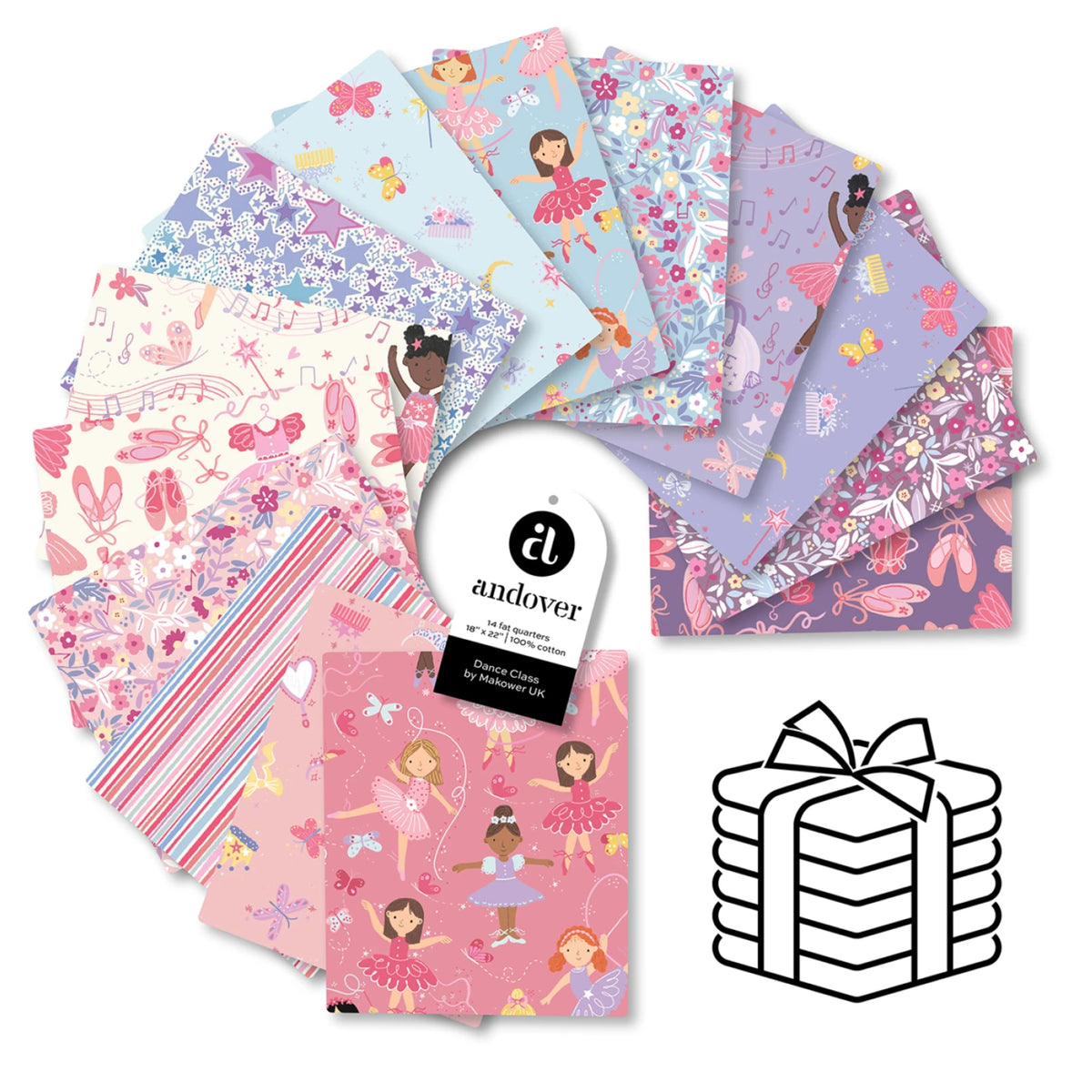 Bundle of Fat Quarter fabrics in pinks and purples featuring dancers by Andover Fabrics