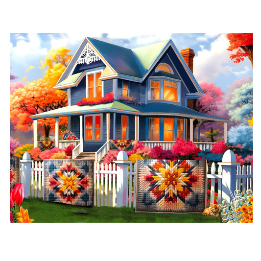 Colorful house with decorative quilts on a white picket fence against a vibrant autumn landscape.