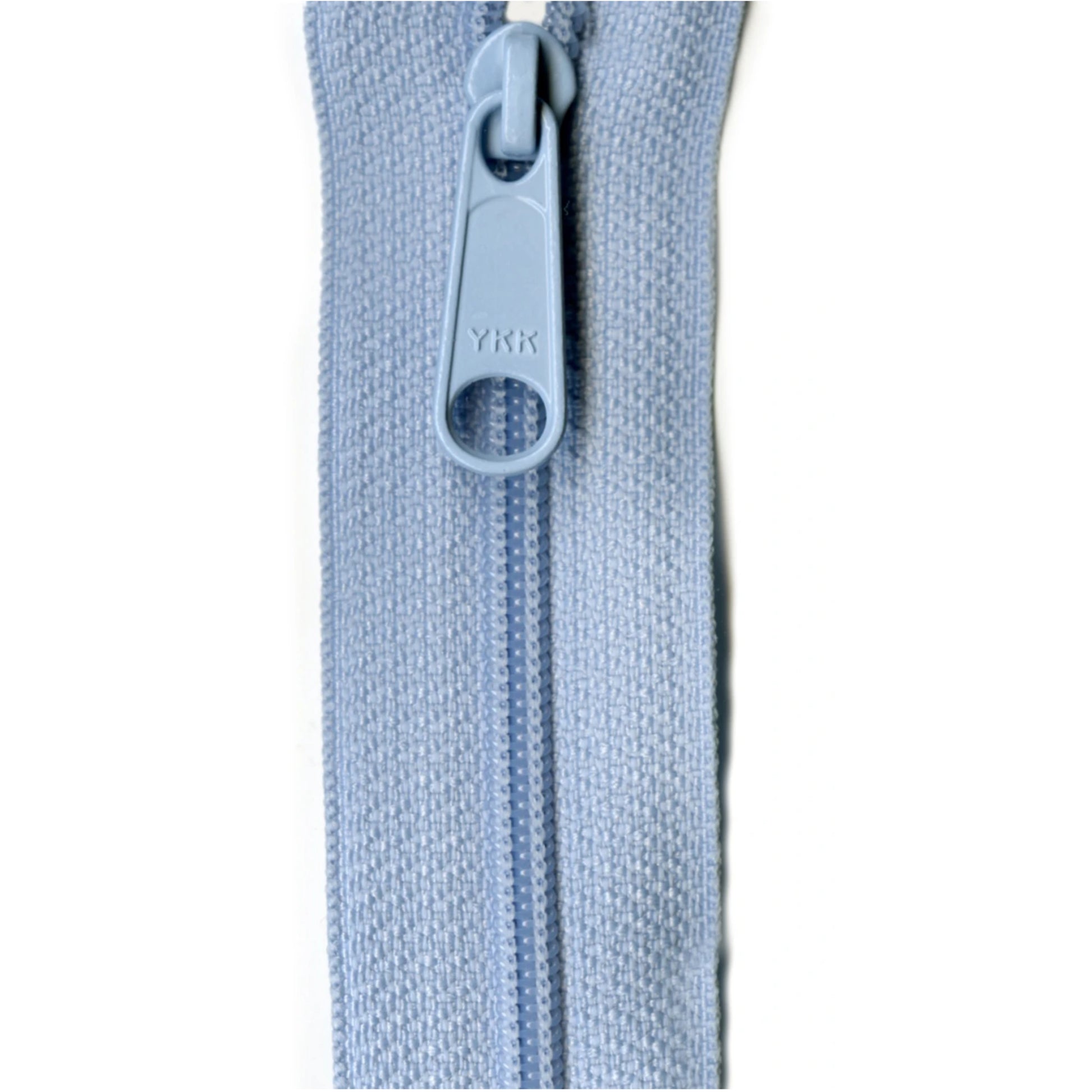 Light blue zipper with YKK branding on a white background