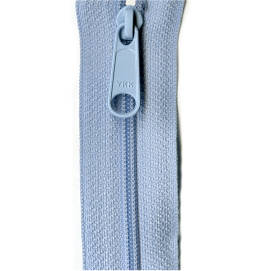 Light blue zipper with YKK branding on a white background
