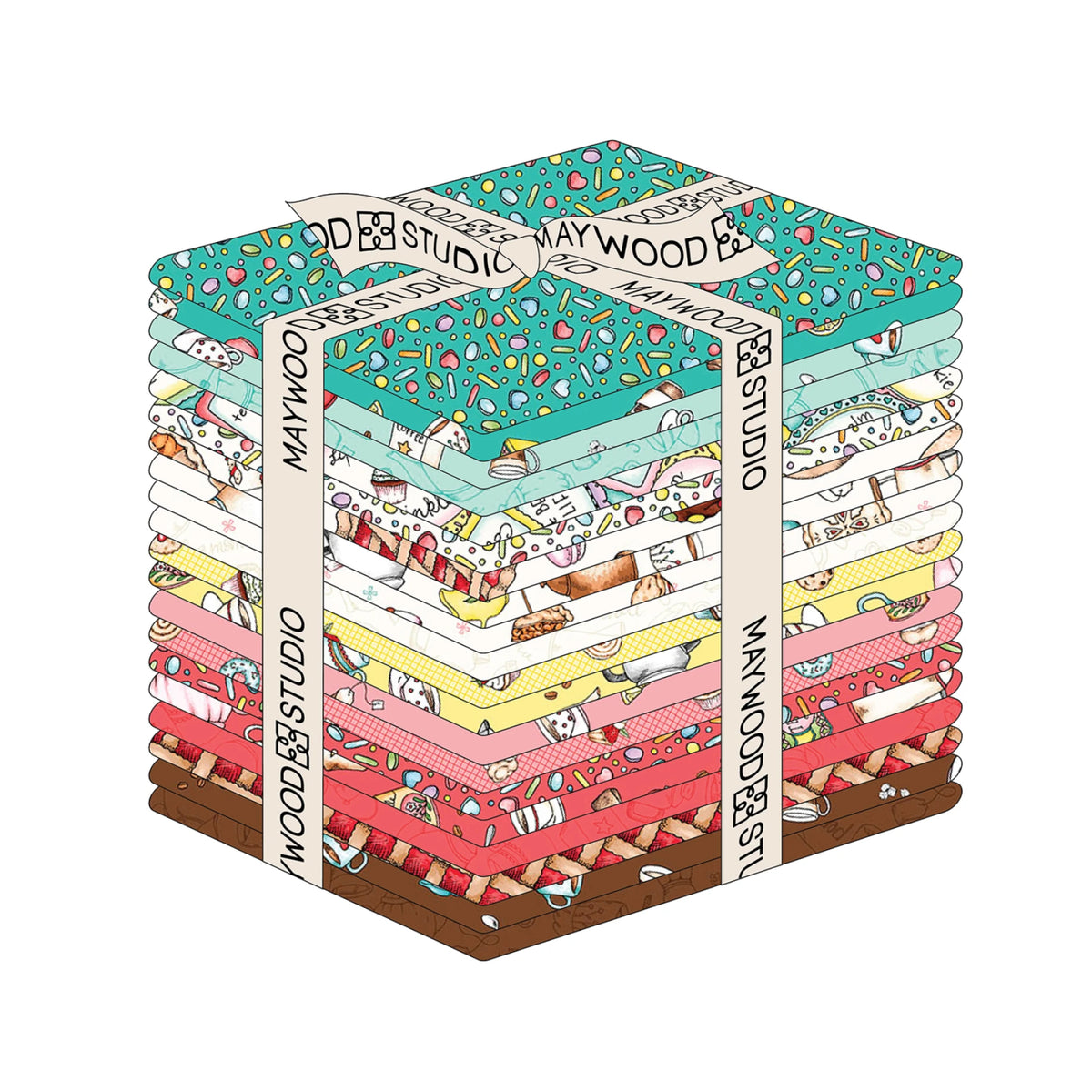 A stack of patterned fabric squares tied together with cream ribbon. The fabrics show various illustrated designs in teal, pink, yellow, white, and brown, with the ribbon printed with the brand name 'MAY WOOD STUDIO'.