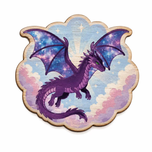 A scalloped wooden needle minder featuring a painted purple dragon with galaxy-patterned wings flying through pastel clouds, shown on a plain white background.