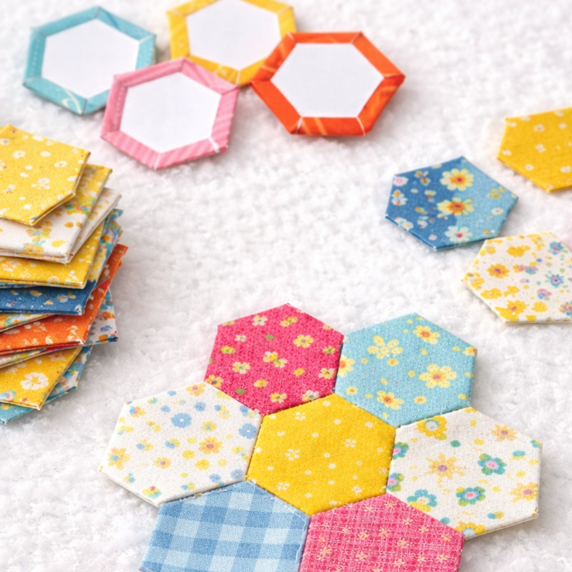 Hexagonal fabric pieces with floral patterns on a textured surface