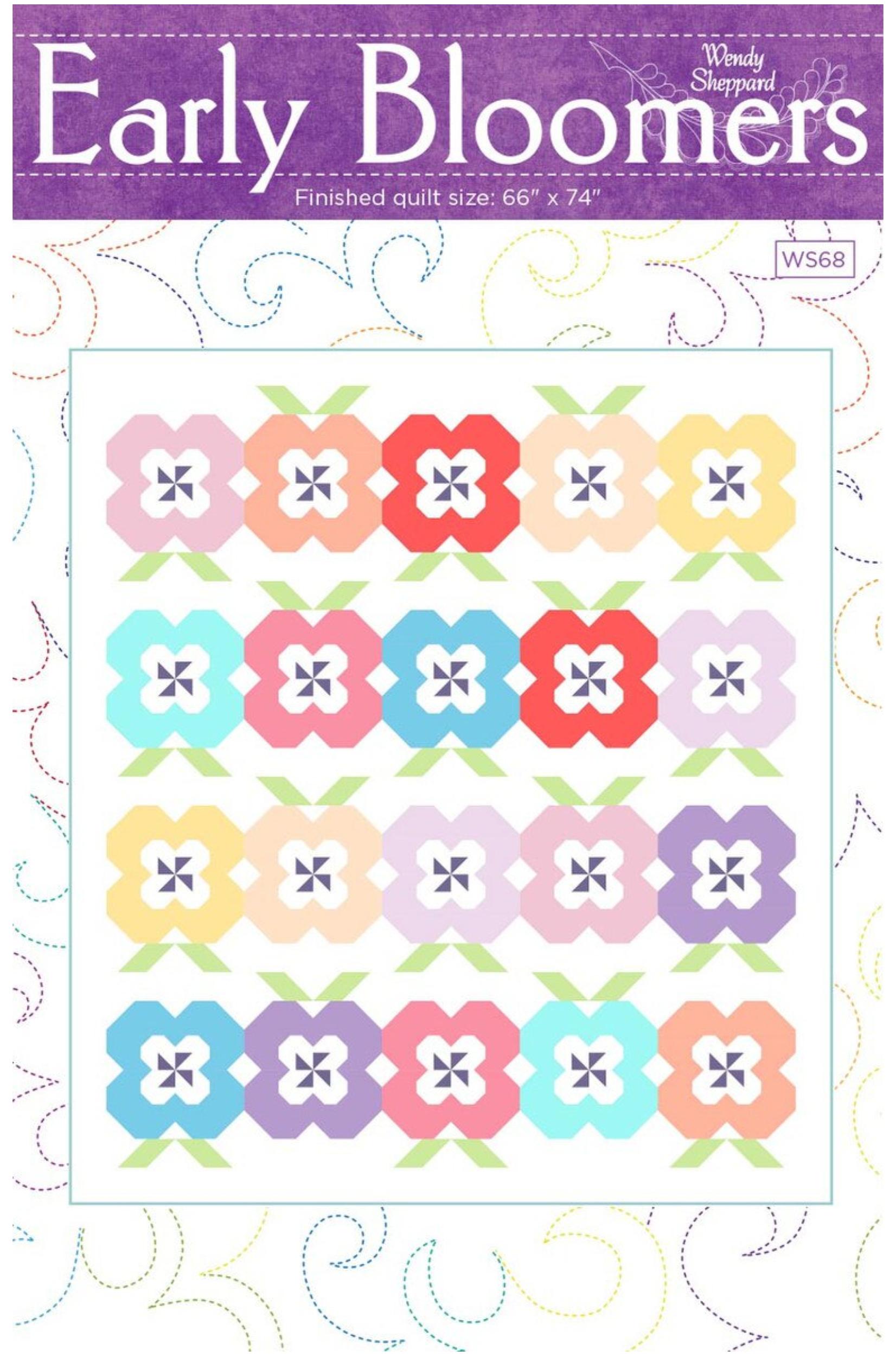 Quilt pattern with colorful flowers on a white background, featuring the brand 'Windy Shepherd'.