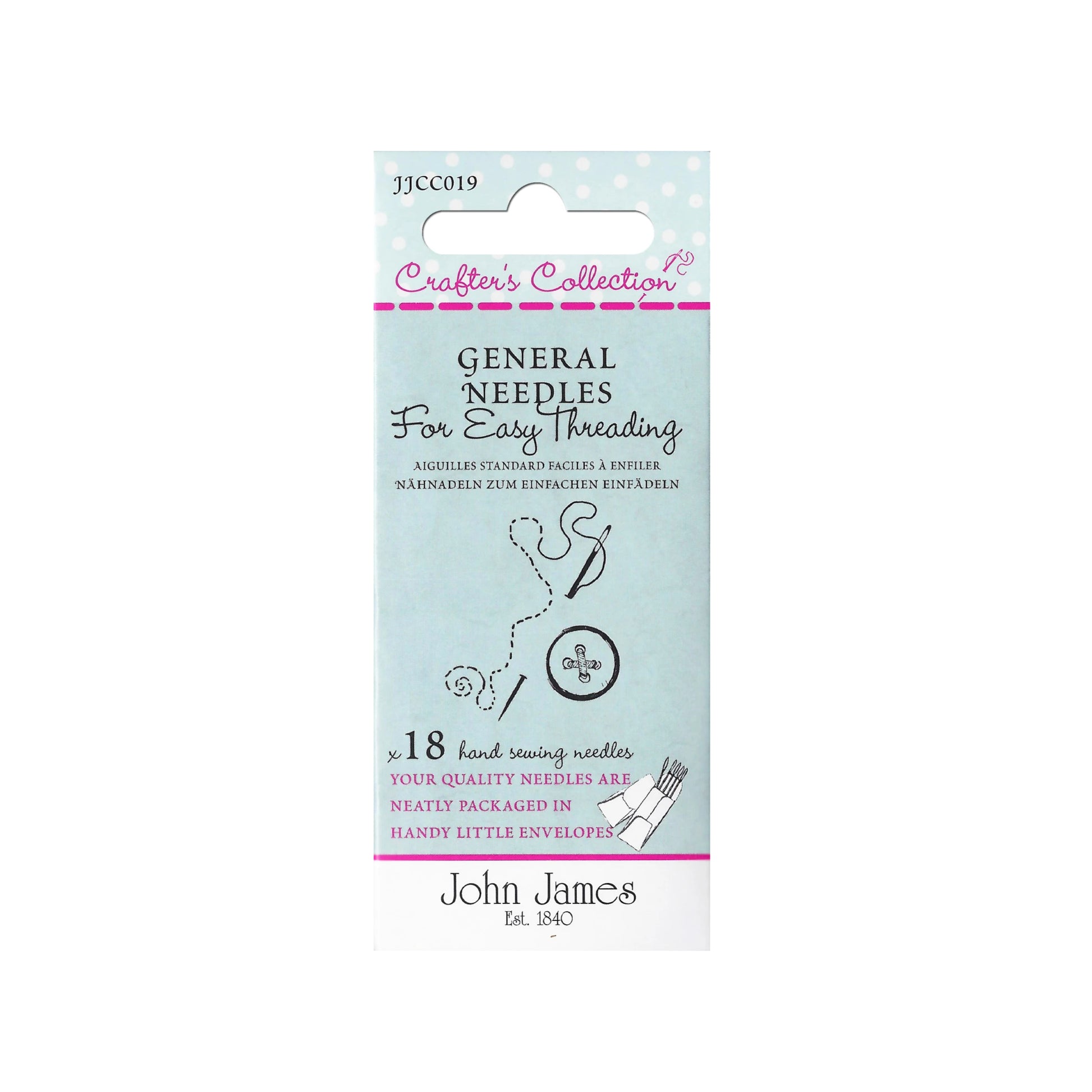 Packaging of John James general needles for easy threading on a white background