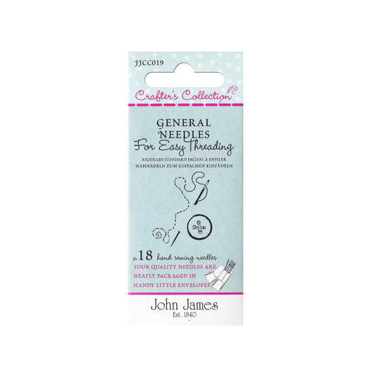 Packaging of John James general needles for easy threading on a white background