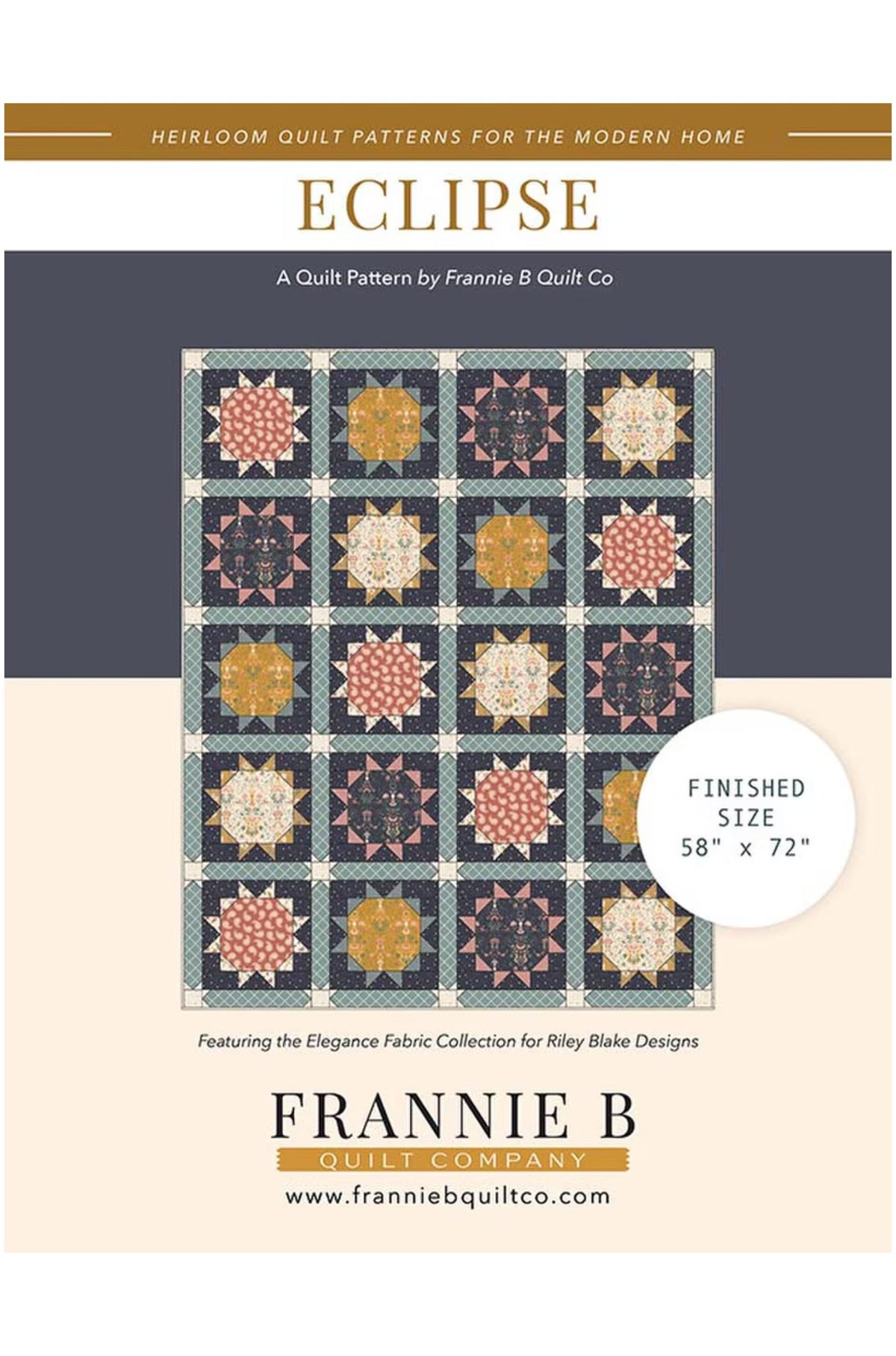Front cover of the Frannie B Quilt Co 'Eclipse' quilt pattern booklet, showing a finished quilt design with a dark gray and cream background and a white circle noting the finished size as 58" x 72".