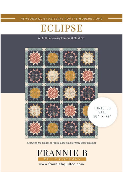 Front cover of the Frannie B Quilt Co 'Eclipse' quilt pattern booklet, showing a finished quilt design with a dark gray and cream background and a white circle noting the finished size as 58" x 72".