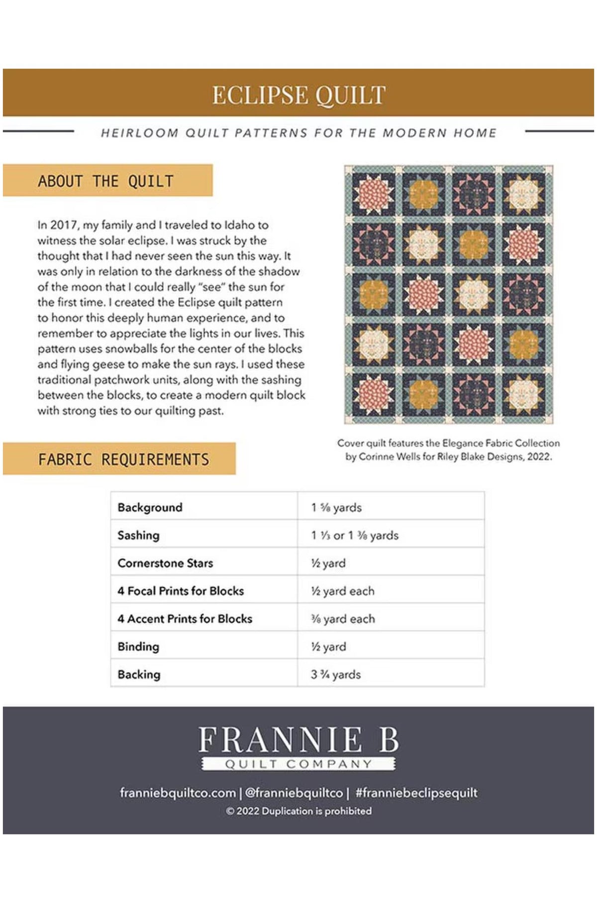 A printed pattern cover page for Eclipse Quilt by Frannie B Quilt Company, showing the quilt design, a fabric requirements table, and branding on a white and dark gray layout.