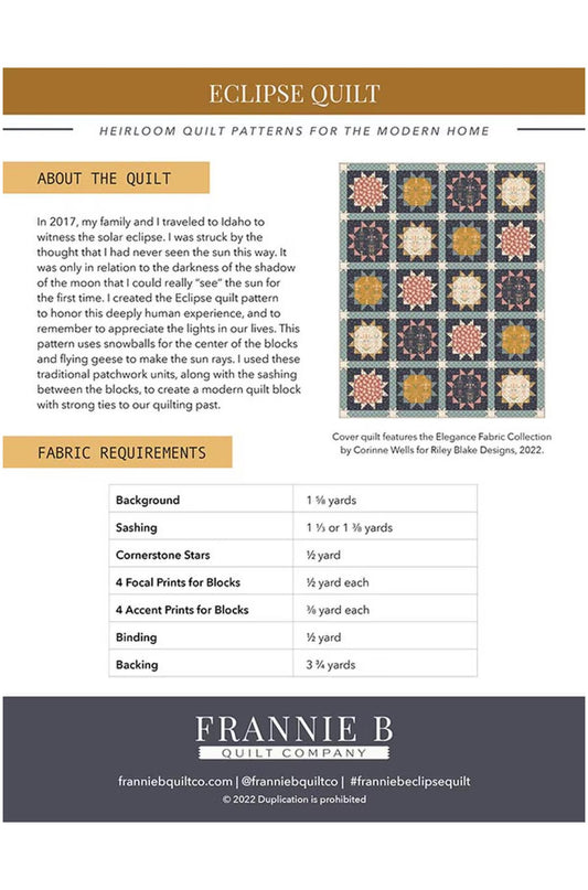 A printed pattern cover page for Eclipse Quilt by Frannie B Quilt Company, showing the quilt design, a fabric requirements table, and branding on a white and dark gray layout.