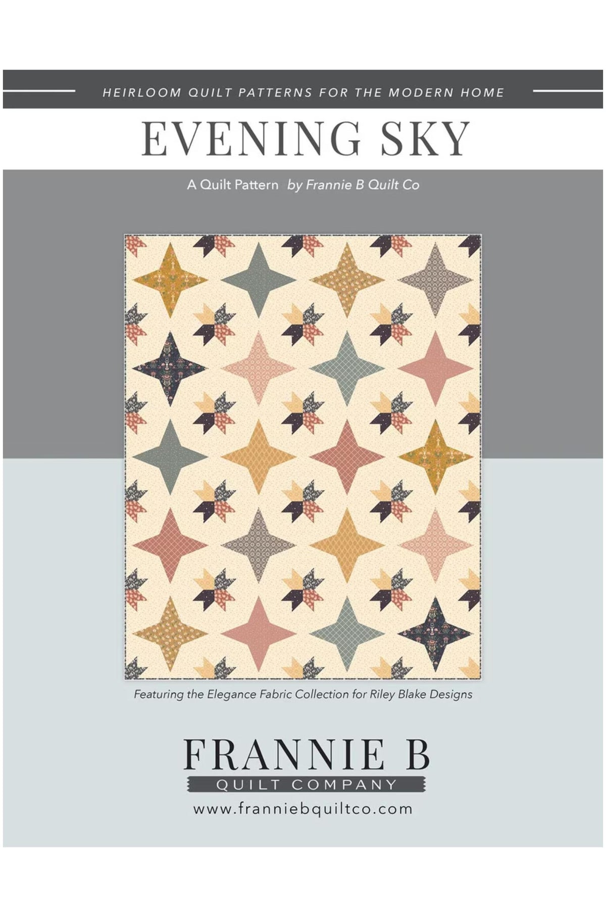 Front cover of a quilt pattern booklet titled 'EVENING SKY' by Frannie B Quilt Co, showing a central fabric design with repeating star and bird motifs on a cream background, with gray side panels and black text.