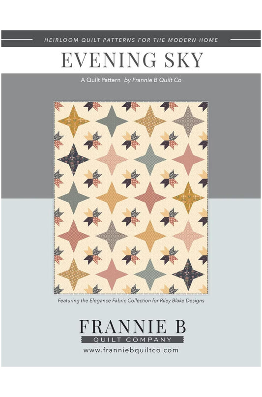 Front cover of a quilt pattern booklet titled 'EVENING SKY' by Frannie B Quilt Co, showing a central fabric design with repeating star and bird motifs on a cream background, with gray side panels and black text.