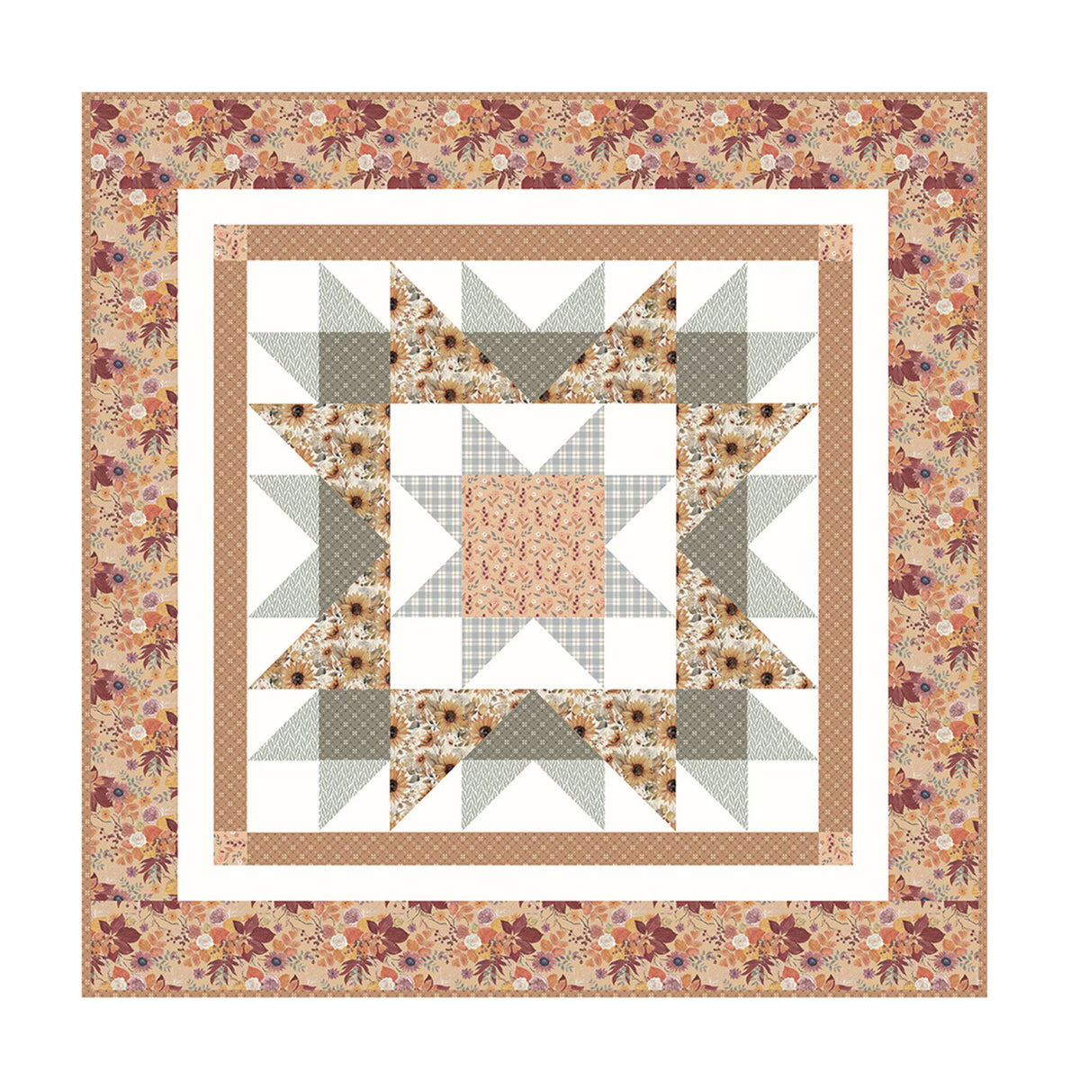 A square quilted patchwork design with a floral border, featuring geometric star and cross motifs in beige, brown, gray, white, and muted floral tones.