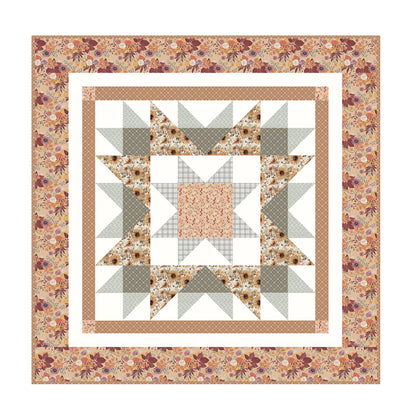 A square quilted patchwork design with a floral border, featuring geometric star and cross motifs in beige, brown, gray, white, and muted floral tones.