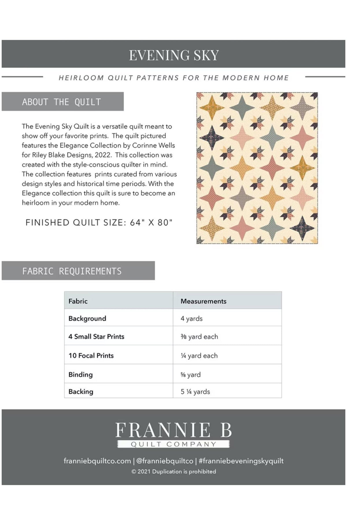 A quilt pattern cover page for 'Evening Sky' by Frannie B Quilt Company, showing a finished quilt design, fabric requirements table, and brand information on a white background with dark gray header and footer bars.