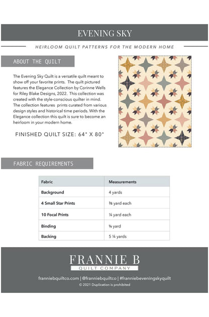 A quilt pattern cover page for 'Evening Sky' by Frannie B Quilt Company, showing a finished quilt design, fabric requirements table, and brand information on a white background with dark gray header and footer bars.