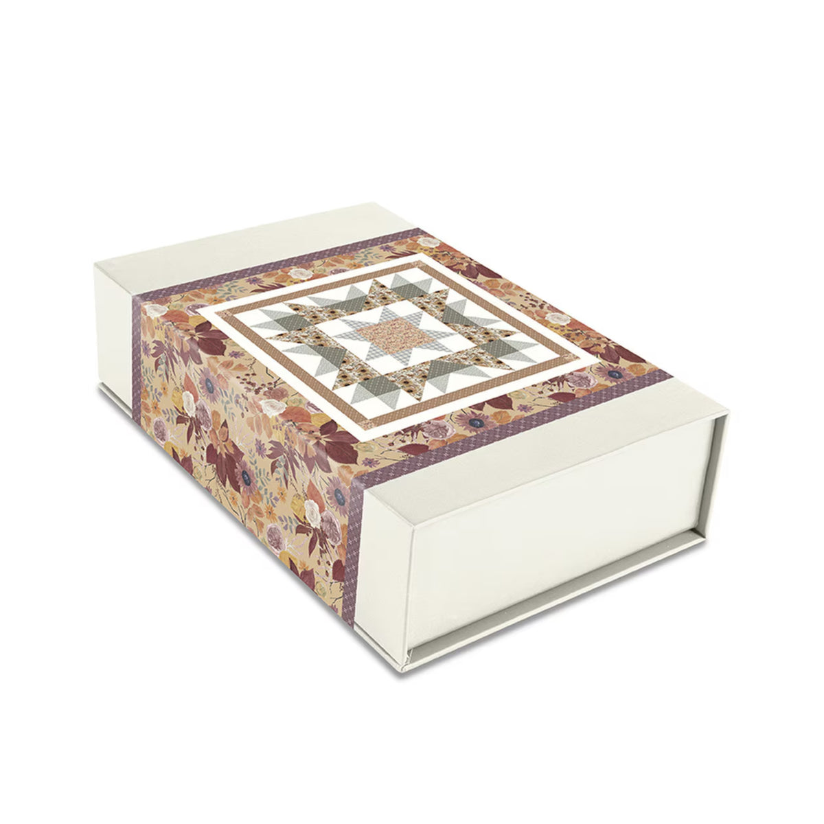 A rectangular presentation box with a quilted pattern on the lid and side, photographed on a clean white background.