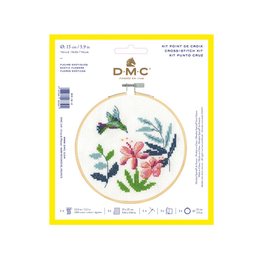 Cross-stitch kit packaging with floral design and DMC branding
