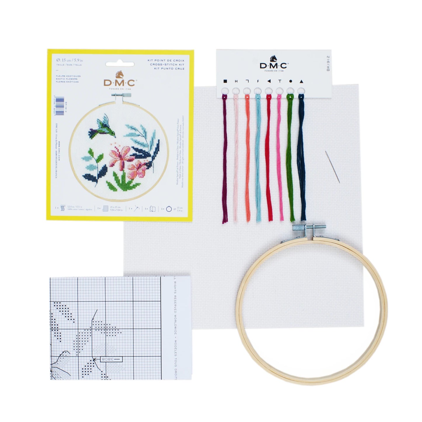 Embroidery kit with cross-stitch pattern, hoop, and threads on a white background