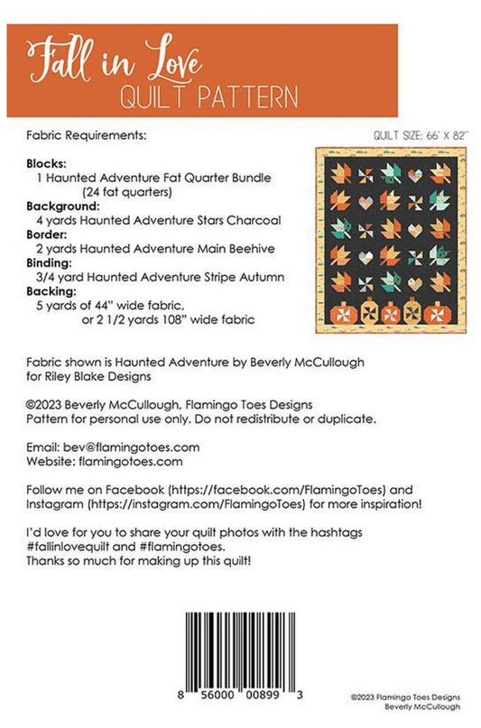 Back cover of a 'Fall in Love' quilt pattern by Beverly McCullough for Flamingo Toes Designs, showing fabric requirements, a small quilt sample image, social media details, and a barcode.