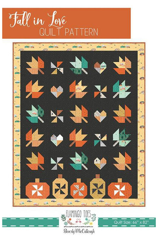 Fall in Love quilt pattern by Flamingo Toes, featuring a black background with geometric autumn motifs including orange pumpkins, teal and orange leaves, and cream pinwheel details, framed by a patterned border.