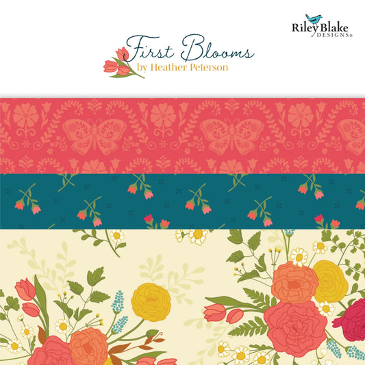 Collection of floral patterns with 'First Blooms' by Heather Peterson and Riley Blake Designs branding.