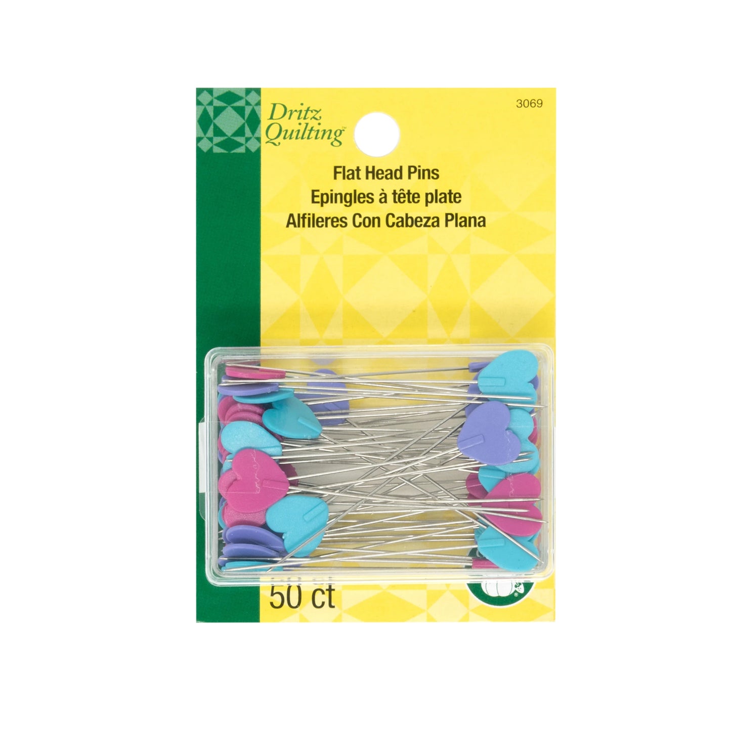 Pack of Dritz Quilting flat head pins with colorful heads on a yellow and green package.